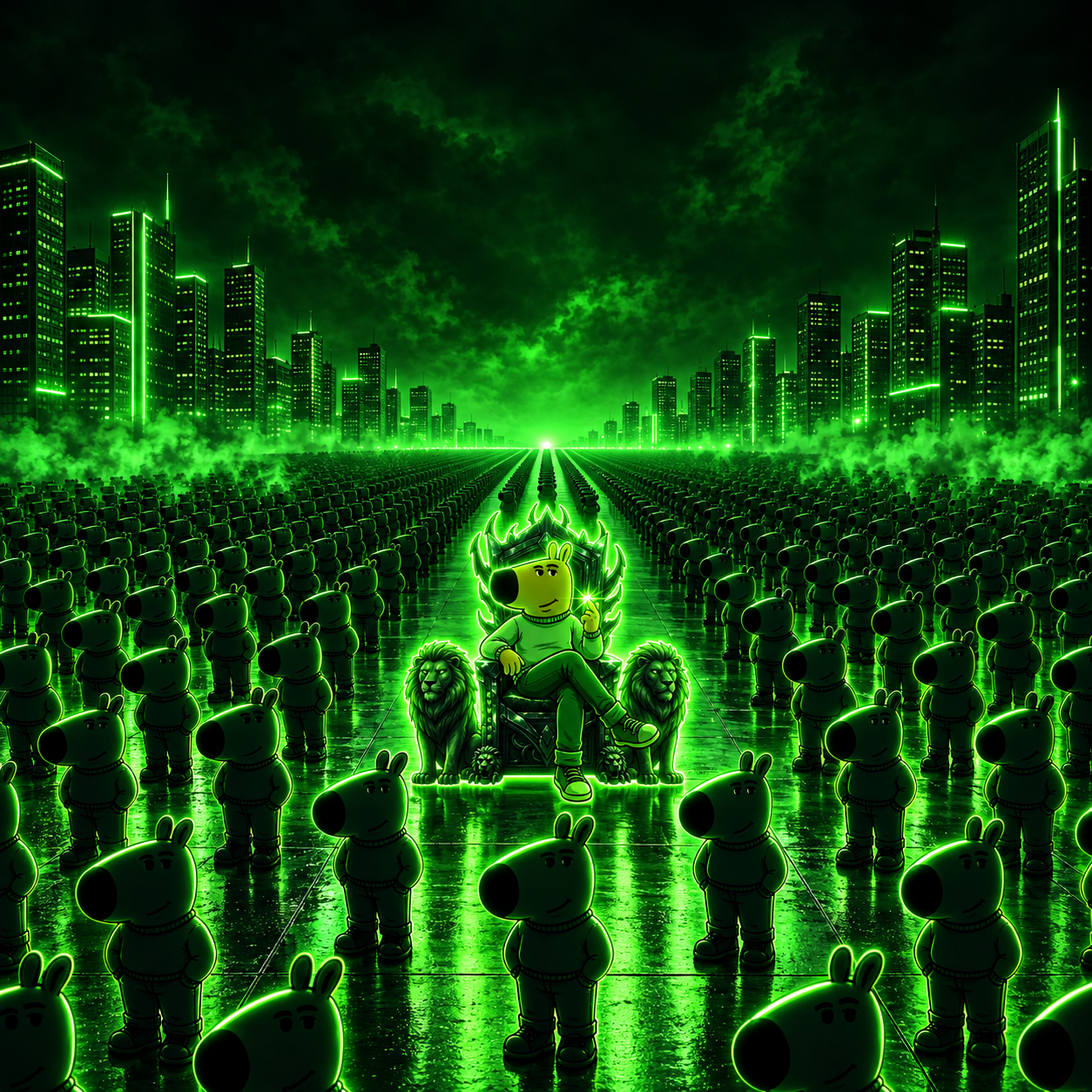 Mascot on a throne above an endless crowd of chill guys in a neon city