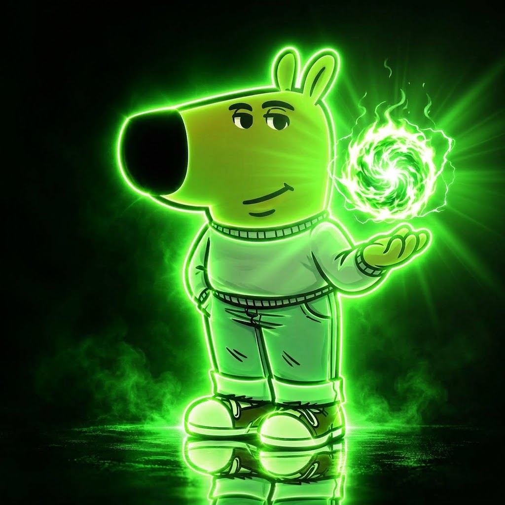 Mascot holding a swirling green energy orb