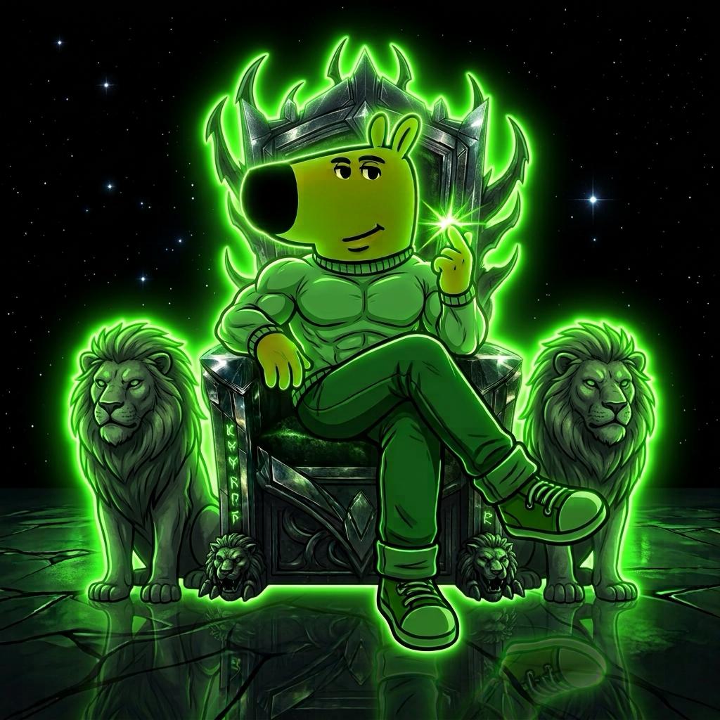 Mascot seated on a crystalline throne between two neon lions